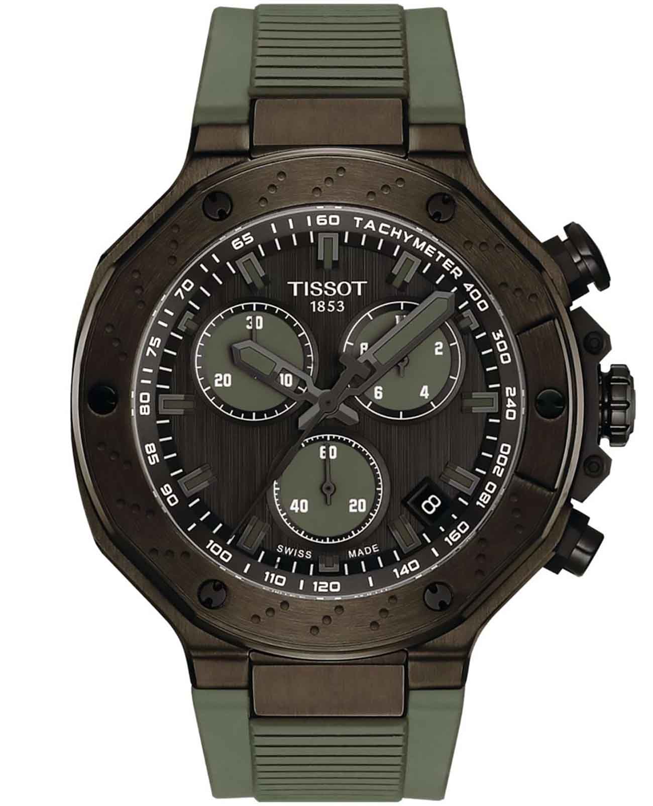 Tissot Tissot T-Race Quartz Chronograph T141.417.37.061.02 T Race T1414173706102 кварцевые мужские часы зеленый циферблат, браслет каучук — вид спереди
