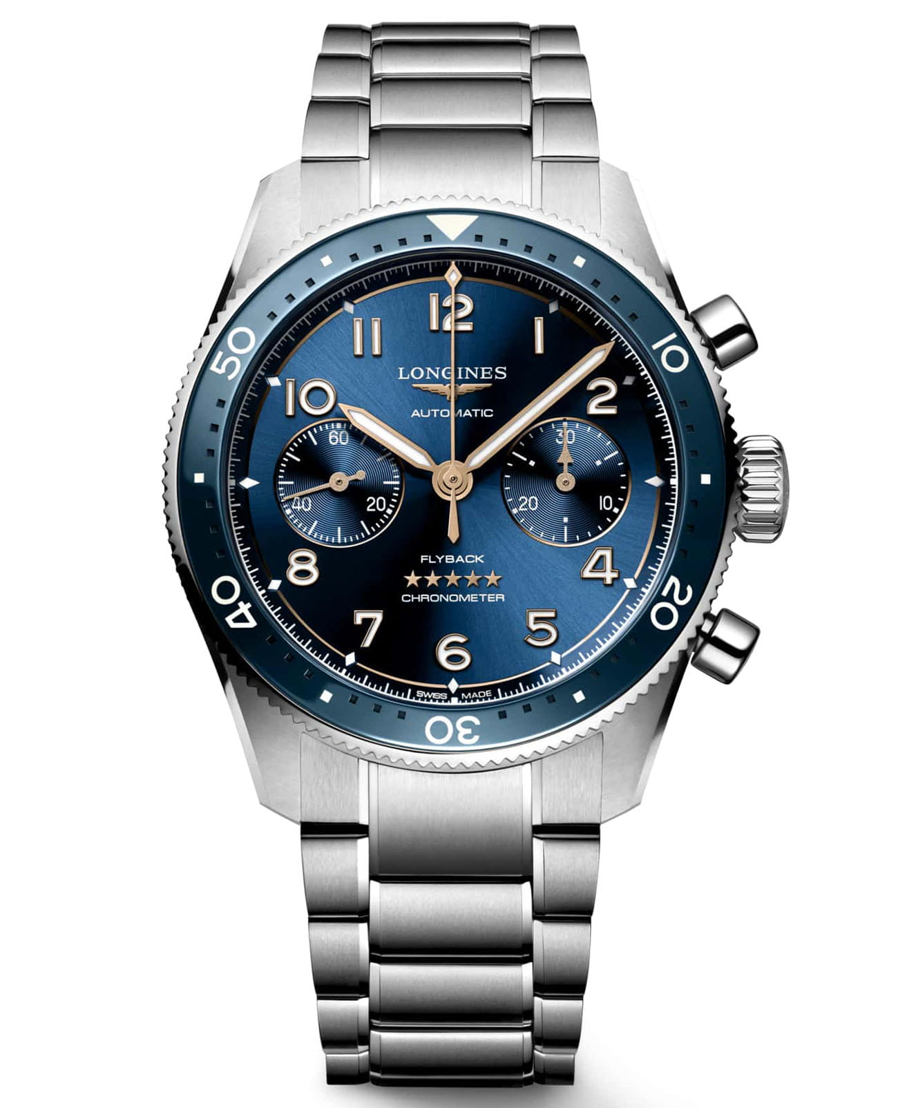 Longines Longines Spirit Flyback L3.821.4.93.6  L38214936 механические мужские часы синий циферблат, браслет нержавеющая сталь — вид спереди