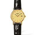 Longines Longines Presence L4.220.2.32.2  L42202322 кварцевые женские часы  золотой циферблат, браслет кожаный — вид спереди
