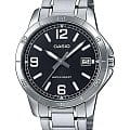Casio Casio Collection MTP-V004D-1B2UDF (MTP-V004D-1B2)  MTP-V004D-1B2 кварцевые мужские часы  черный циферблат, браслет нержавеющая сталь — вид спереди